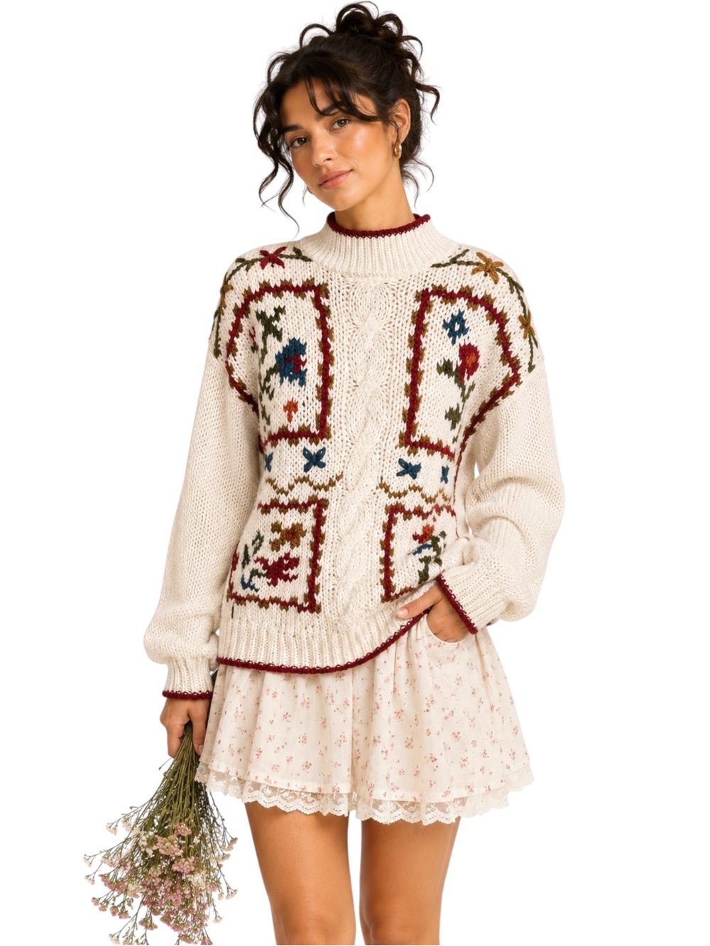 Vintage 80s 90s Floral Embroidered Mock Neck Cottagecore Sweater M